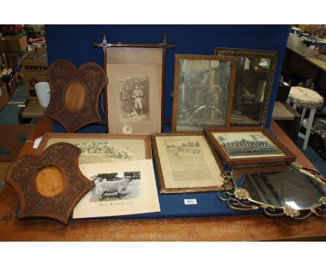 A quantity of mirrors and wooden framed pictures a/f., plus a hunting photo, an Army and a fabric picture etc.