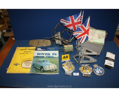 A quantity of motoring miscellanea including A.A and R.A.C badges together with plastic Union Jack flags, early dental tool f