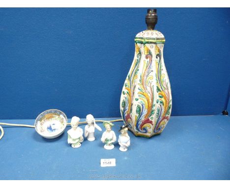 A large multi coloured china lamp base from Italy, plus four ceramic half doll pin cushions and an Oriental bowl.