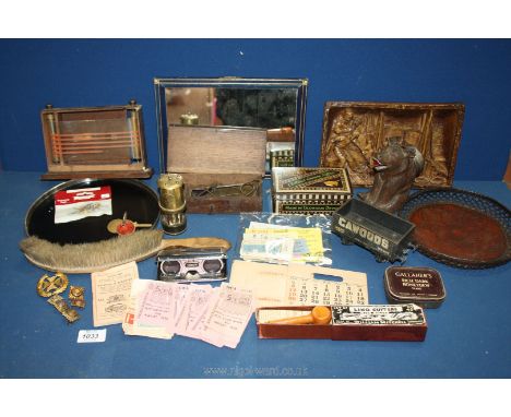 A quantity of miscellanea including a wooden carved Bear bell a/f., small boxed brass scales, mirror, Leeds Model Company 'Ca