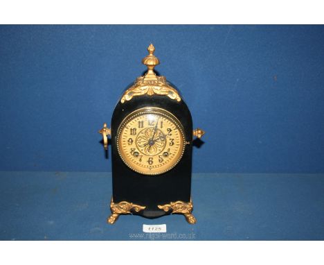 A Mantle Clock marked 'Riviera Malachite, New Haven', black with gilding, (no key present and one hand missing), 11 1/2'' tal