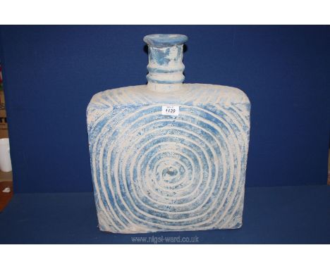 A heavy and large studio Vase made of concrete with blue swirl detail, ideal for conversion to lamp base, 19'' tall x 15'' x 