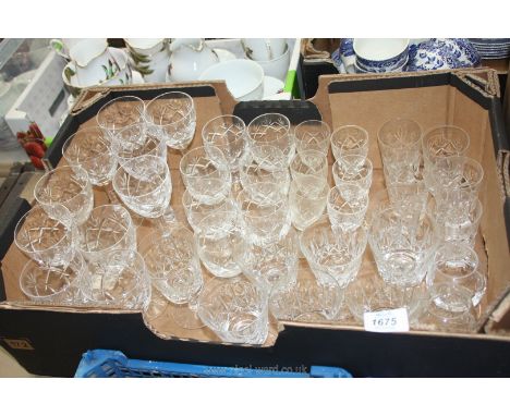 A quantity of cut glass including Thomas Webb wine goblets, plus small tumblers, liqueur glasses etc., some chips.