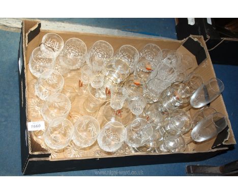 A quantity of glasses including etched, wine Fox and pheasant theme etc. some chips.