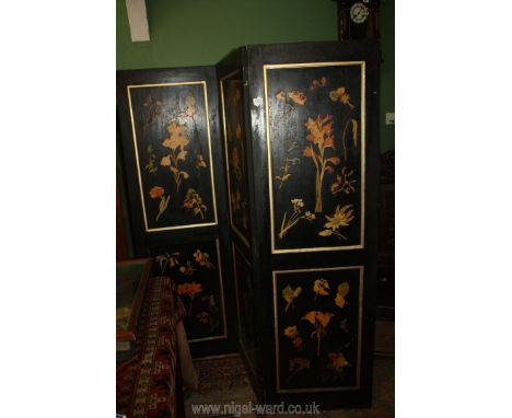 A four fold Modesty Screen, the panels with overlaid decoration of flowering twigs/plants to both sides, 70 1/2'' high, each 