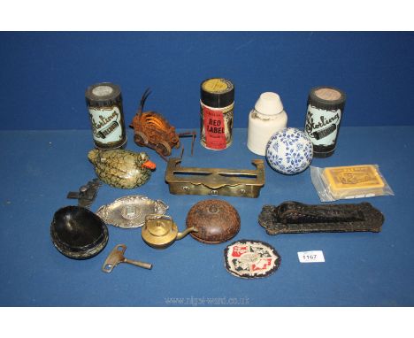 A box of miscellanea including music cylinders, door knocker, playing cards etc.