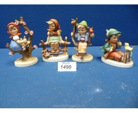 Four Hummel figures including 'Apple Tree Girl', 'Just Resting', Singing Lesson' and 'Apple Tree Boy'.