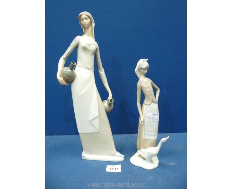 A Lladro lady with goose figure, some damage, missing one goose and stick from hand (a/f.) and a Lladro lady with pottery vas