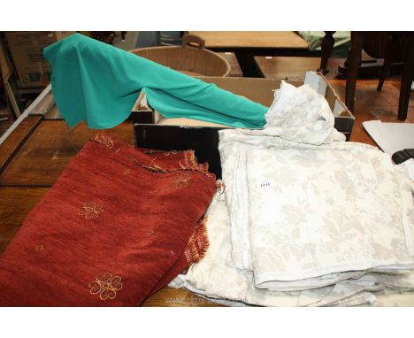 A quantity of textiles including cream canvas, roll of green fabric, burgundy upholstery fabric and cream cotton, Carol Lake,