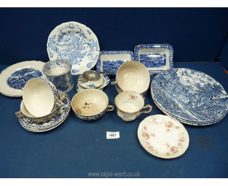 A box of mixed china to include blue &amp; white plates, soup bowls, Shredded Wheat dishes (a/f.), Delftware, Davenport cup e