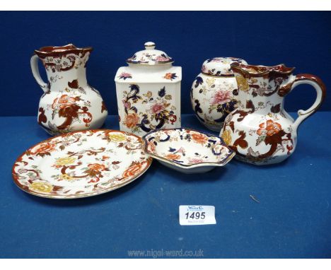 Six pieces of Mason's Mandelay and Brown Velvet including a jug, ginger jar (lid a/f), tea caddy (a/f) etc.