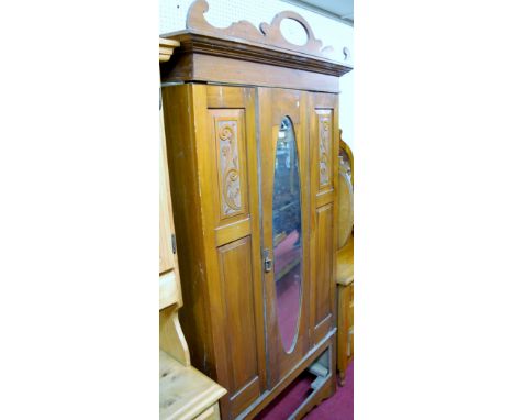 An Edwardian satin walnut single mirror door wardrobe having single lower drawer, together with a similar triptych mirror bac