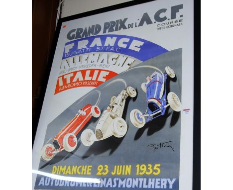 A reproduction poster print in the art deco style for the French Grand Prix in 1935, framed and glazed