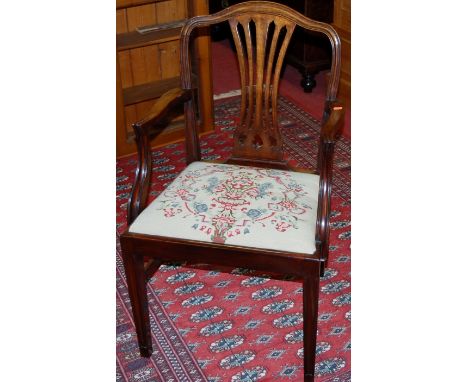 A set of six mahogany Heppelwhite style dining chairs, each having floral tapestry upholstered drop-in pad seats (4+2); toget