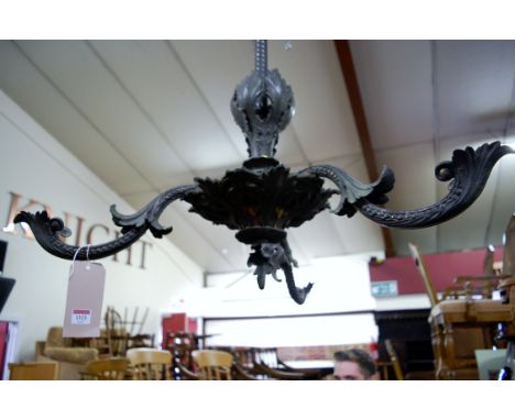 A circa 1900 French floral cast metal three light hanging electrolier, approx drop 110cm