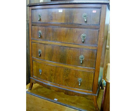 An early 20th century mahogany and crossbanded bow front chest of four long graduated drawers, width 77cm