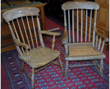 A circa 1900 limed oak and bobbin turned caneseat rocking chair; together with an elm and beech stickback farmhouse open armc