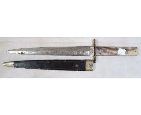 A 19th century knife with horn handle and leather scabbard blade marked English steel, A. Feist &amp; Co, Solingen with decor