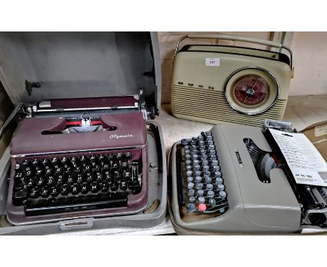 A vintage 1960's Bush radio; 2 portable typewriters