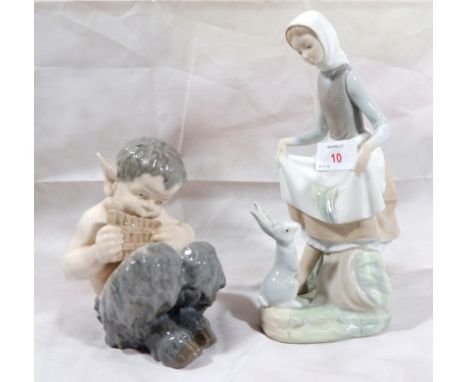 A Royal Copenhagen figure of a seated faun playing the Pan Pipes, designed by Christian Thompnsen, model 1736; a Lladro figur