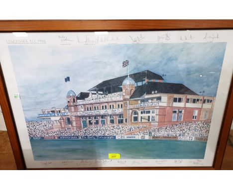 A Limited edition print of Old Trafford 1992 signed by Mike Watkinson and the players framed and glazed; a shooting stick