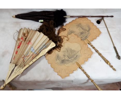 A Victorian parasol; 2 Victorian hand held face screens; the embossed screens with pencil sketch miniature ''Cheadle Church''