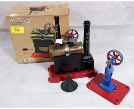 An originally boxed Mamod spirit driven stationary steam engine with power hammer attachment