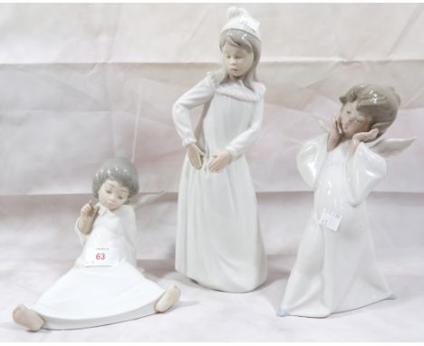 2 Lladro angel figures and a Nao figure of a girl wearing a nightdress