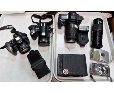 Two Canon SLR cameras, a Nikon camera, lenses etc