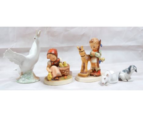 2 Hummel figures girl with chickens and a boy with rocking horse; a Lladro Goose and puppy; a Rosenthal rat