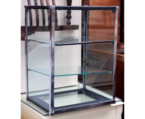 A glass and chrome 2-height display cabinet and display shelf unit