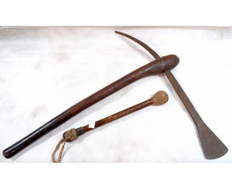 An old tribal axe, incised decoration to handle and iron blade, 23'', a double weighted priest, 12''