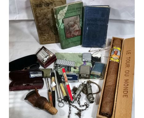 2 pairs of Pince Nez; vintage cigarette lighters, pens etc