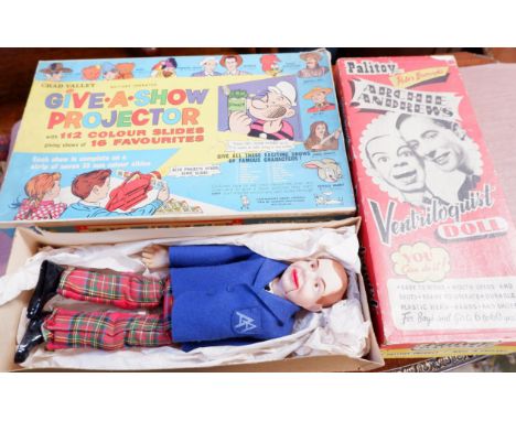 An Archie Andrews originally boxed Palitoy ventriloquist doll; a Chad Valley originally boxed ''Give a Show Projector''