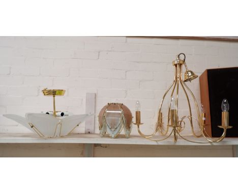 A modern gilt five branch candelabra; 2 1970's style light fitting; a frosted glass floral shaped ceiling light fittings