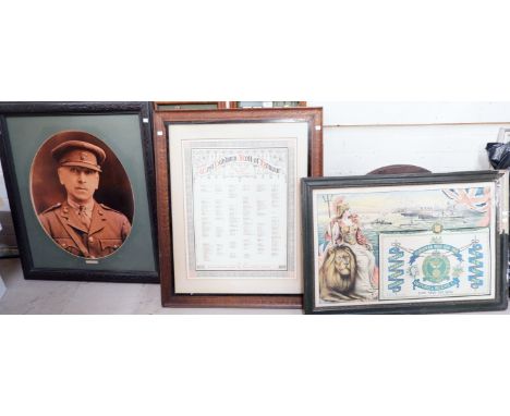 A WWI ROLL OF HONOUR, West Didsbury, Manchester 24 x 19 inch mounted and framed; an Ox and Bucks L.I WWI Battle of Honour pos