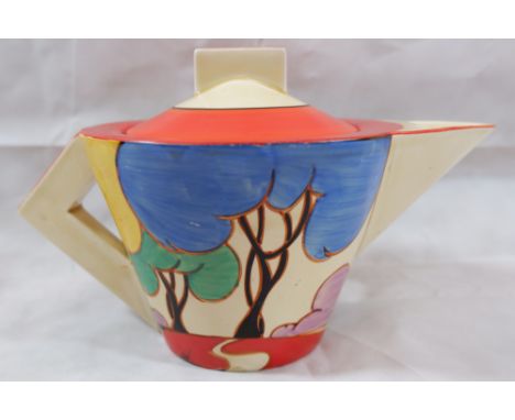 A Clarice Cliff art deco teapot decorated in the Blue Autumn pattern, 10'' length