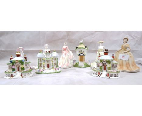 4 Coalport figures - ''Beau Monde Jo''; ''In Love; Kerry''; ''True Love'' and ''Caroline''; 4 Coalport cottages