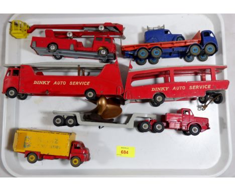 A selection of die cast vehicles: Dinky car carrier 984; a trailer for this, 985; Dinky Big Bedford Heinz; Dinky Super Toys, 