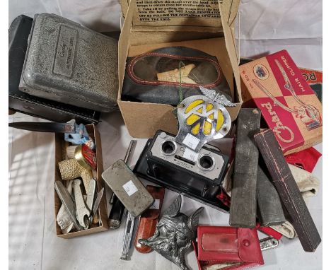 A selection of collectables including gas masks, AA badge, clay pipes, pen knives etc