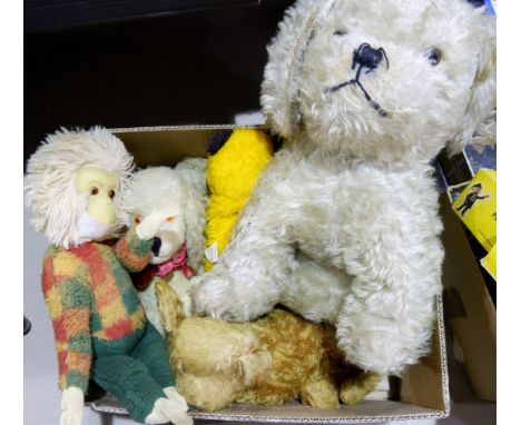 A large hay-stuffed vintage dog, other similar animals, Sooty and Sweep puppets