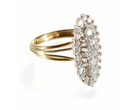 18ct gold diamond boat shaped cluster ring, a total of 27 round brilliant and round 8-cut diamonds. White claw settings to op