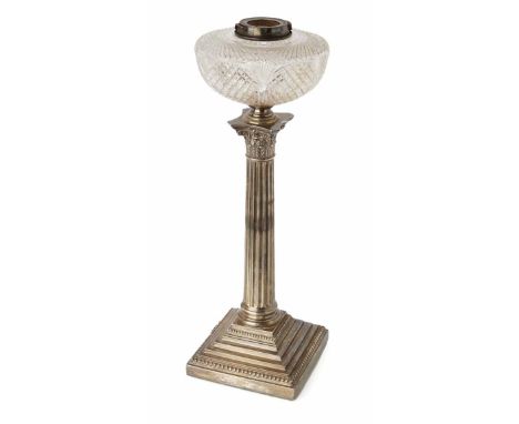 A silver corinthian column lamp with glass shade, square stepped base, beaded border, approx. 48cm high, hallmarked London, 1