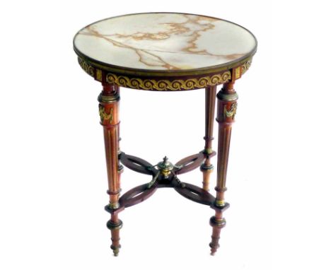 Late 19th century French occasional table, marble top with copper veined decoration, four turned and fluted tapering legs uni