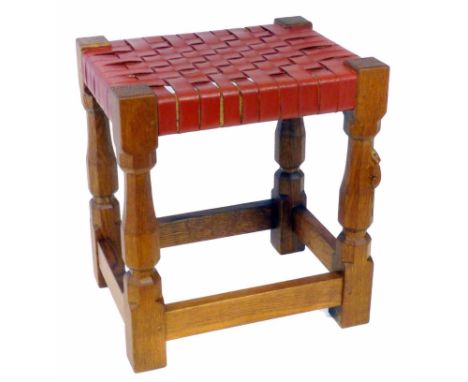 Robert "Mouseman" Thompson stool, honey coloured oak frame with leather webbing to seat, width 34cm (13"), depth 27cm (10.5")