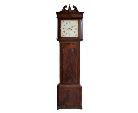 A last quarter of the 18th century longcase clock. Painted with the name Latham, Macclesfield. Mahogany case with cross-bandi