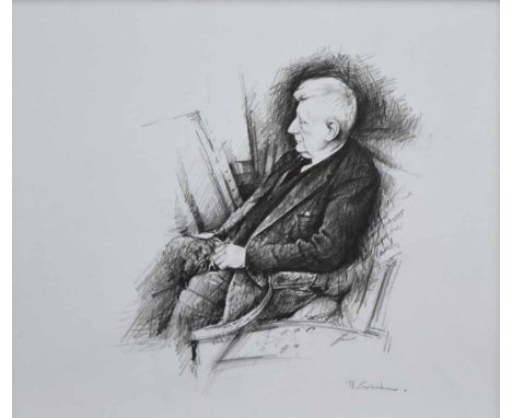 Marc Grimshaw (1957-),  Portrait of L.S. Lowry, signed, pencil drawing, 33 x 38.5cm.; 13 x 15.25in.    Artists' Resale Right 