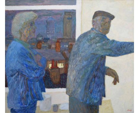 Hans Schwarz (Austrian/British, 1922-2003),  Self Portrait with Lena, Canary Wharf beyond, signed and dated '95, oil on board