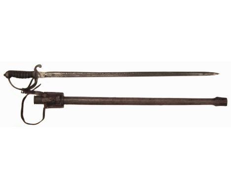 George V Artillery Officer's sword, with leather covered scabbard, etched  blade monogrammed H&H Sheffield, with wire bound f