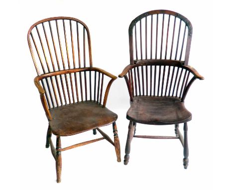 Ash and elm comb-back Windsor chair, with saddle seat, turned supports united by "H" form stretchers, one other Windsor chair